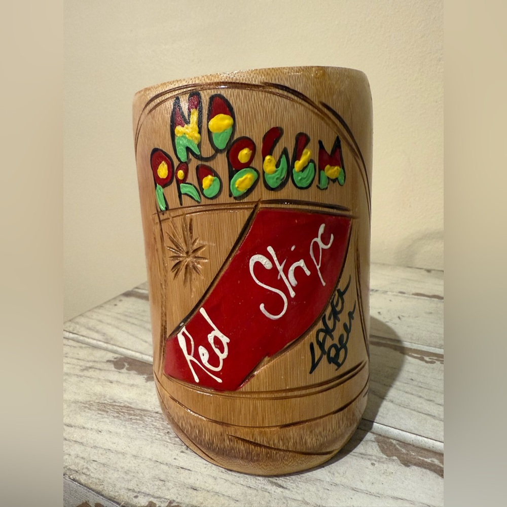 Red Stripe Lager Beer Mug No Problem Bamboo Wood Mug Handle Red Yellow Green
